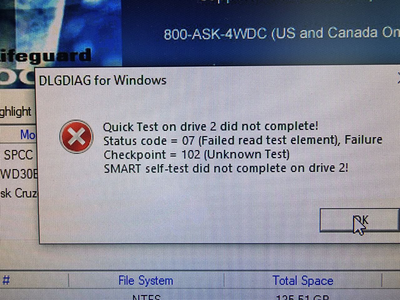 При попытке SMART Quick Test DataLifeGuard выдаёт вот такую ошибку.